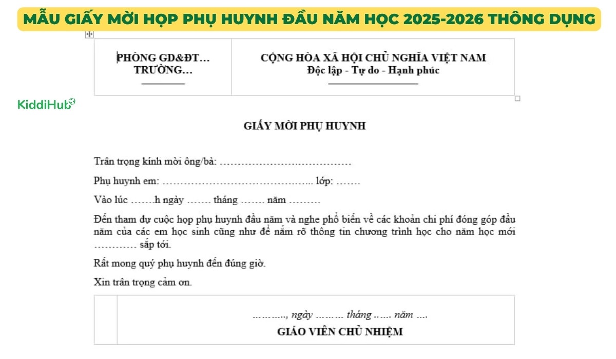 Mẫu giấy mời họp phụ huynh đầu năm học 2025-2026