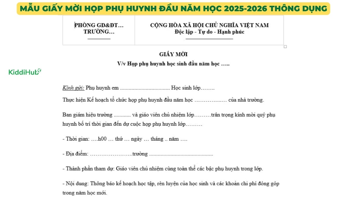 Mẫu giấy mời họp phụ huynh đầu năm học 2025-2026