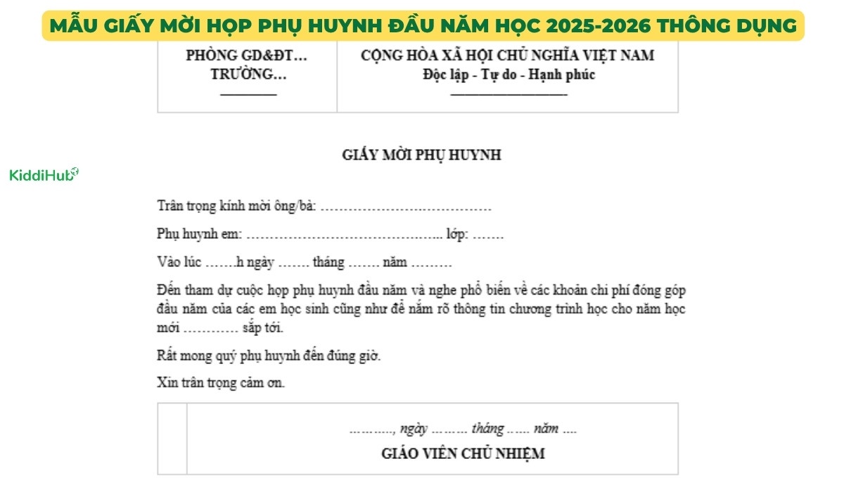 Mẫu giấy mời họp phụ huynh đầu năm học 2025-2026