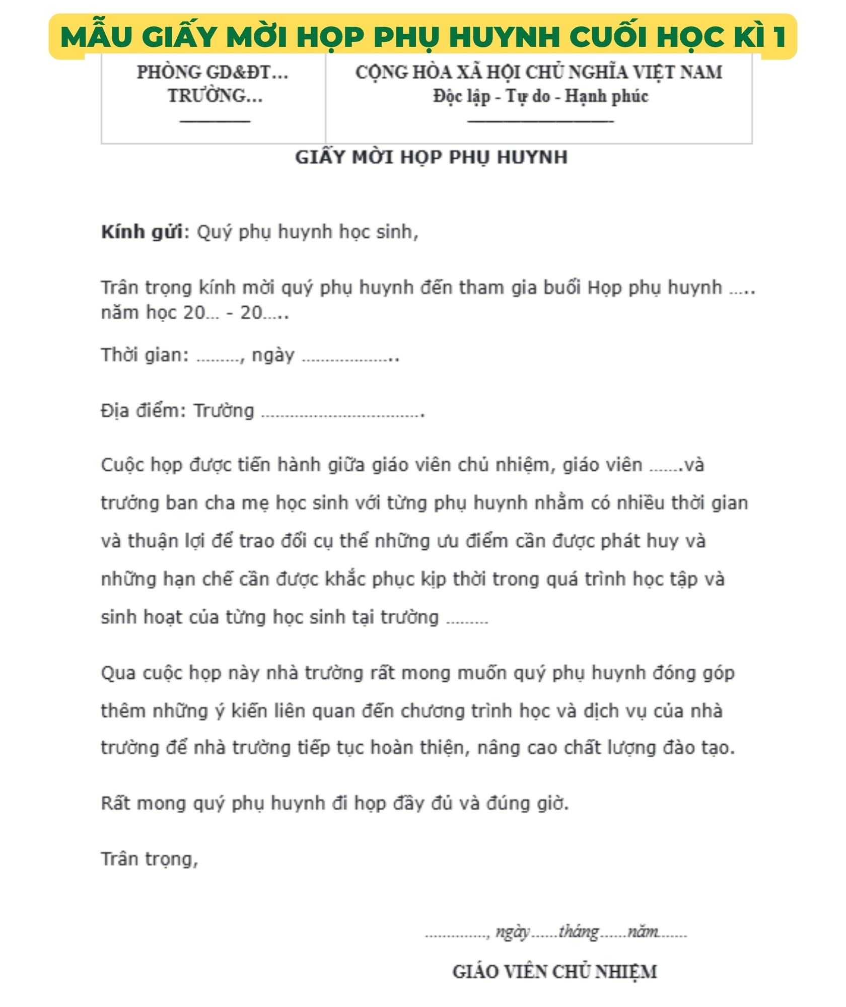 Mẫu thư mời tham dự cuộc họp phụ huynh vào cuối học kỳ 1