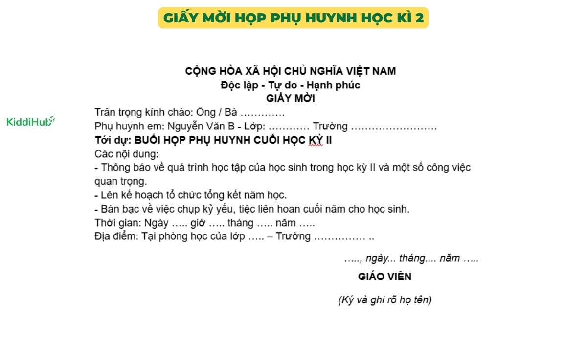 Thư mời tham dự cuộc họp phụ huynh học kỳ 2