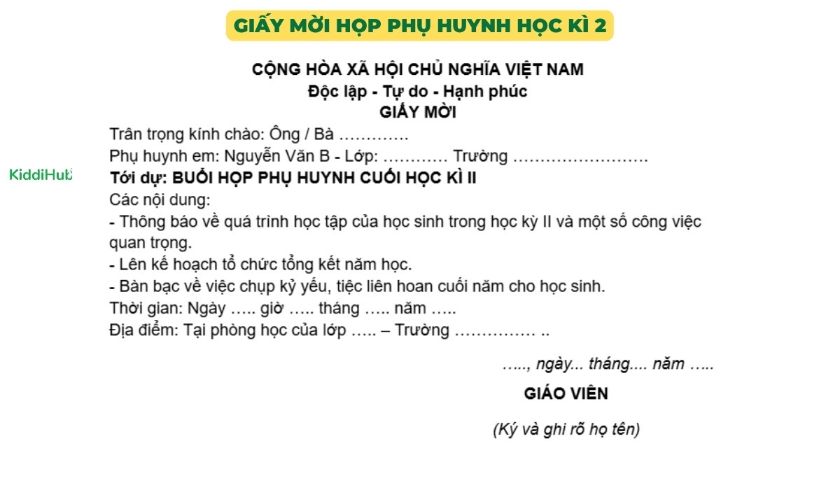 Thư mời tham dự cuộc họp phụ huynh học kỳ 2