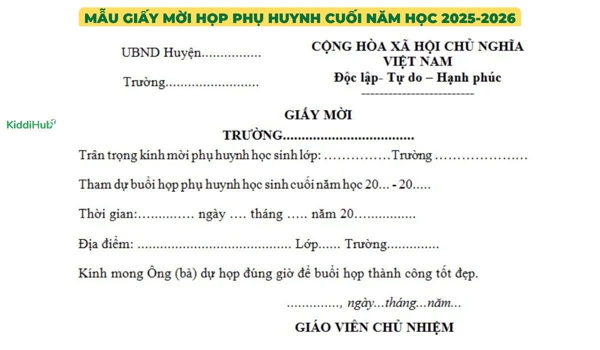 Mẫu giấy mời họp phụ huynh cuối năm học 2025-2026