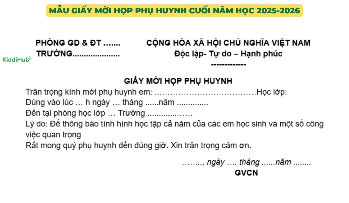 Mẫu giấy mời họp phụ huynh cuối năm học 2025-2026