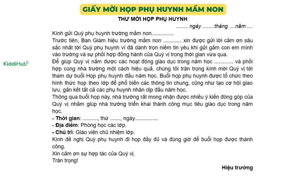 Giấy mời họp phụ huynh mầm non