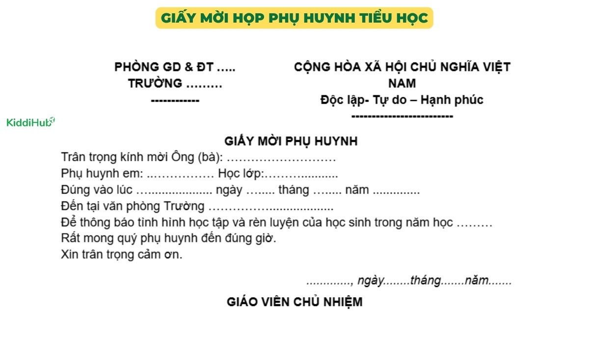 Giấy mời họp phụ huynh tiểu học
