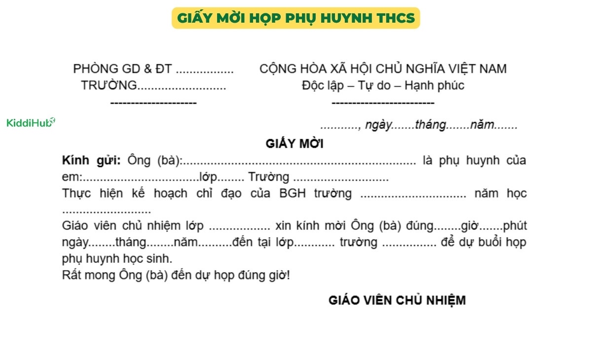 Giấy mời họp phụ huynh THCS