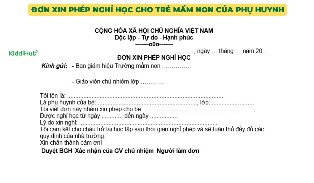 Đơn xin phép nghỉ học cho trẻ mầm non của phụ huynh