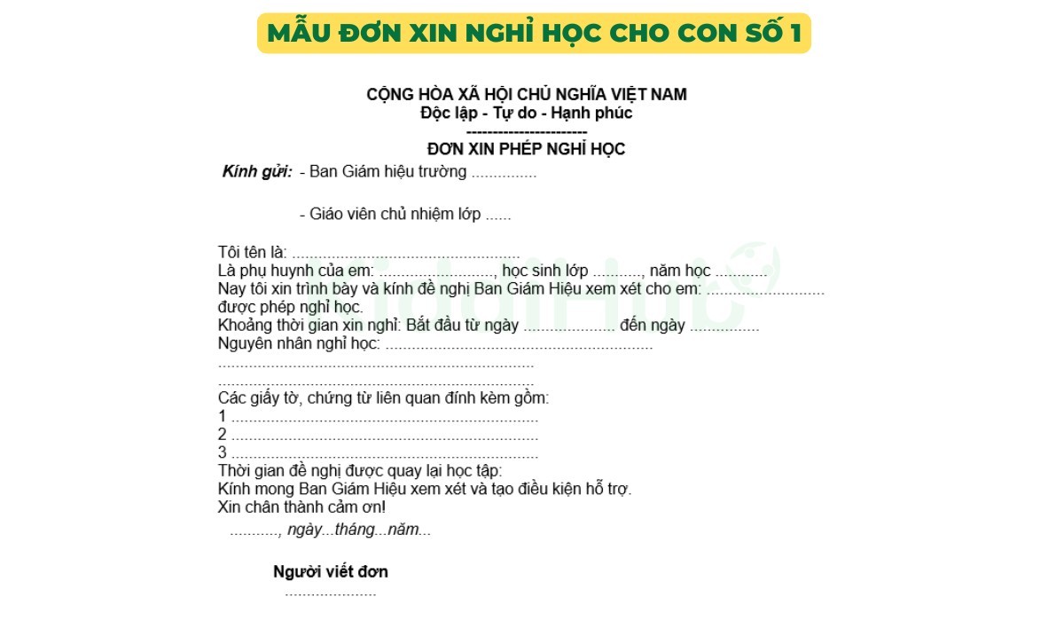 Mẫu đơn xin nghỉ học cho con số 1