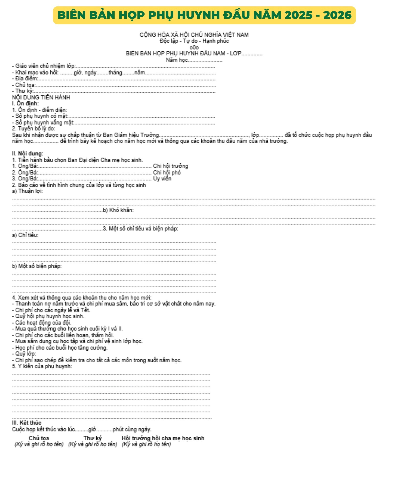 Biên bản họp phụ huynh đầu năm 2025 - 2026