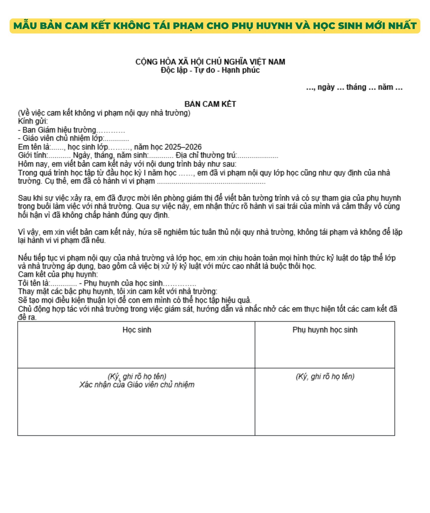 Mẫu bản cam kết không tái phạm cho phụ huynh và học sinh mới nhất