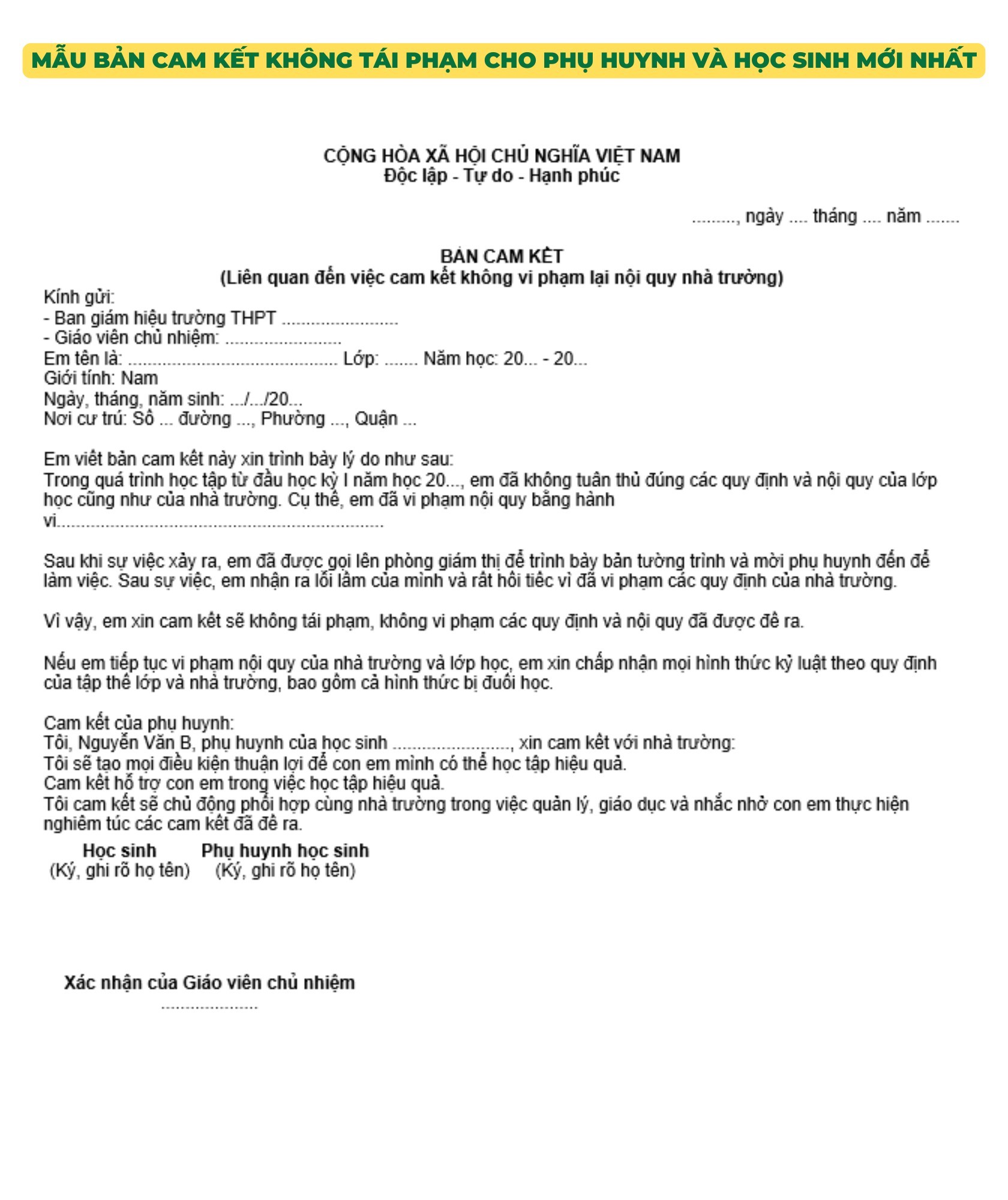 Mẫu bản cam kết không tái phạm cho phụ huynh và học sinh mới nhất