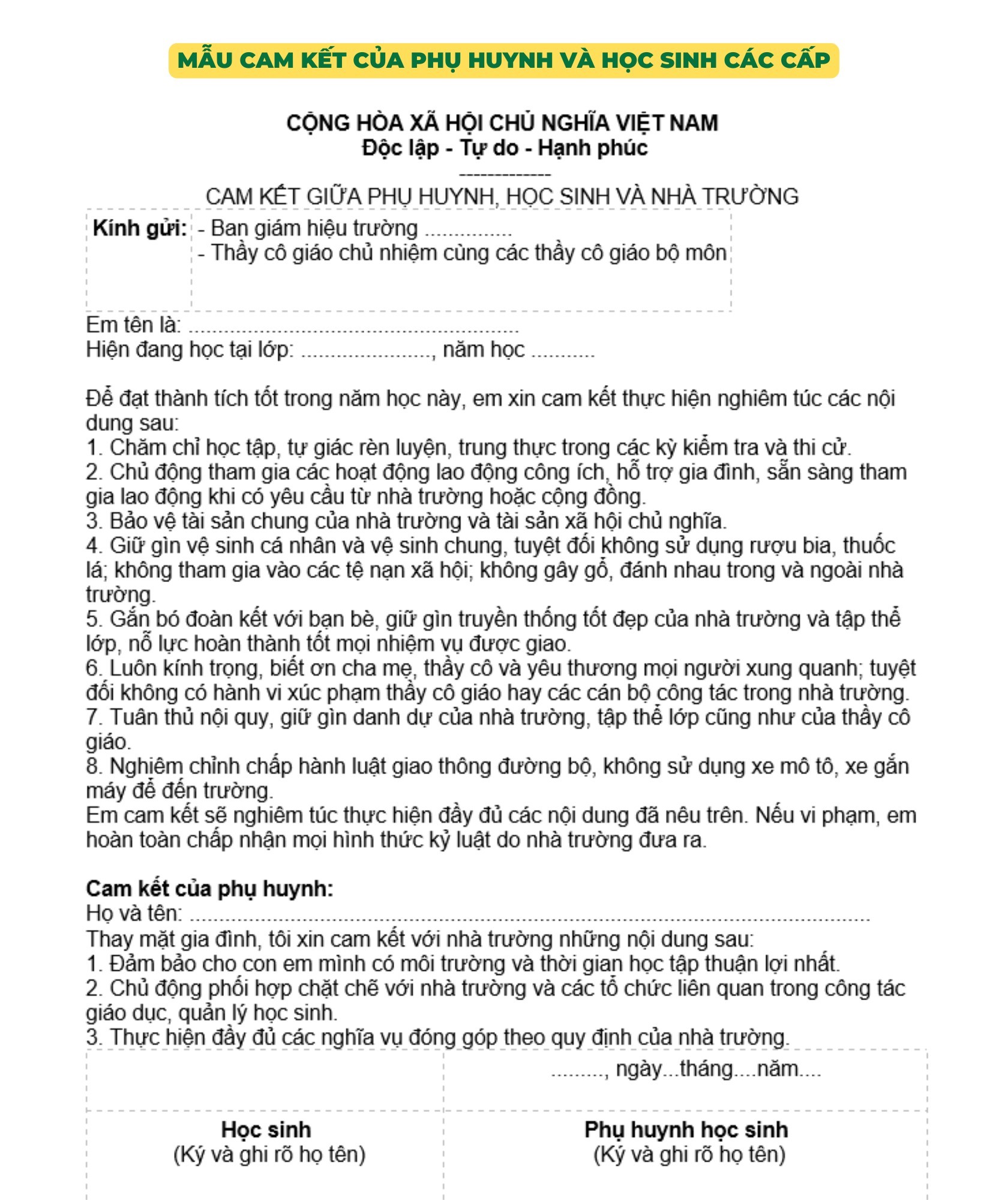 Mẫu cam kết của phụ huynh và học sinh các cấp