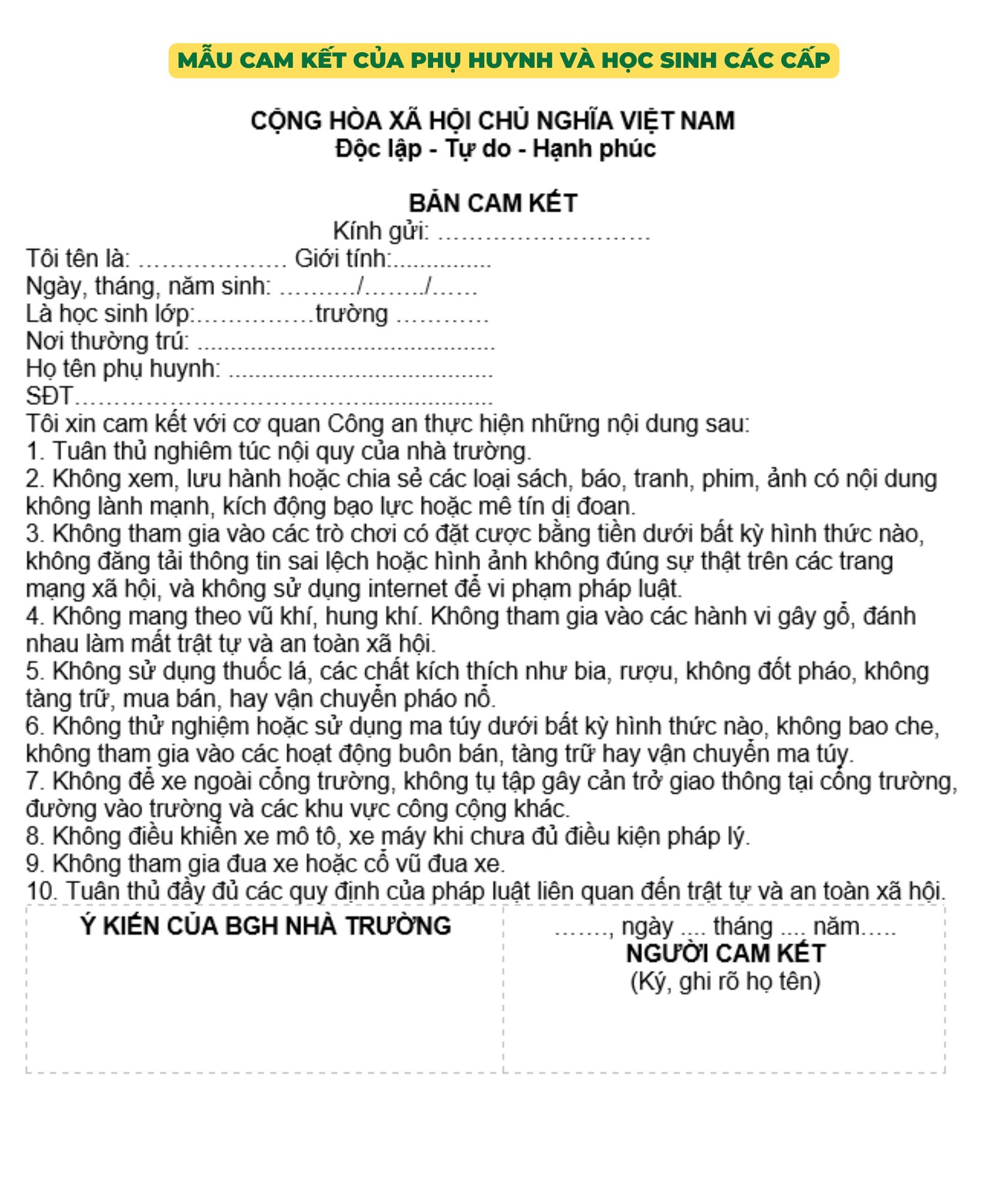 Mẫu cam kết của phụ huynh và học sinh các cấp