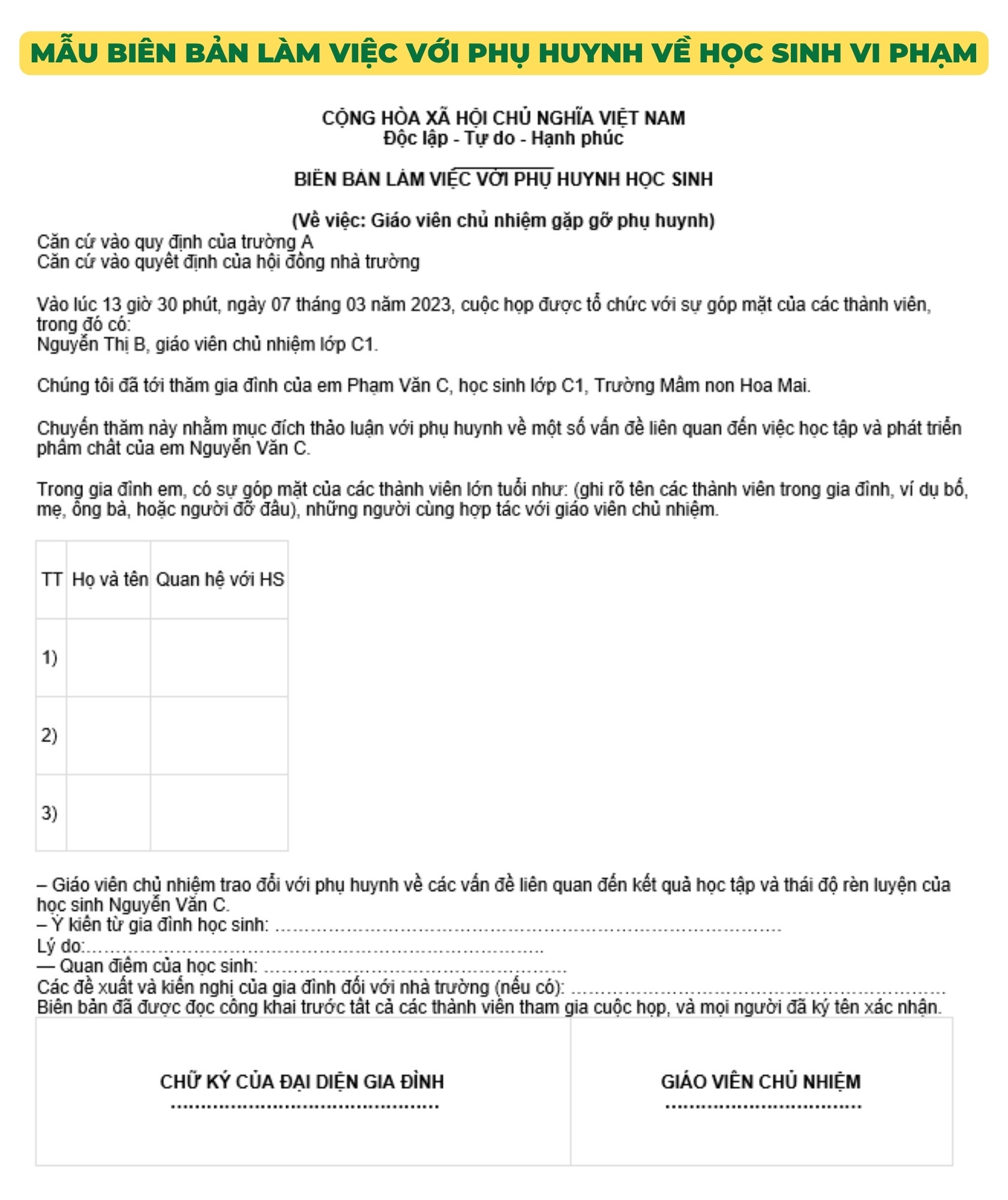 Mẫu biên bản làm việc với phụ huynh về học sinh vi phạm
