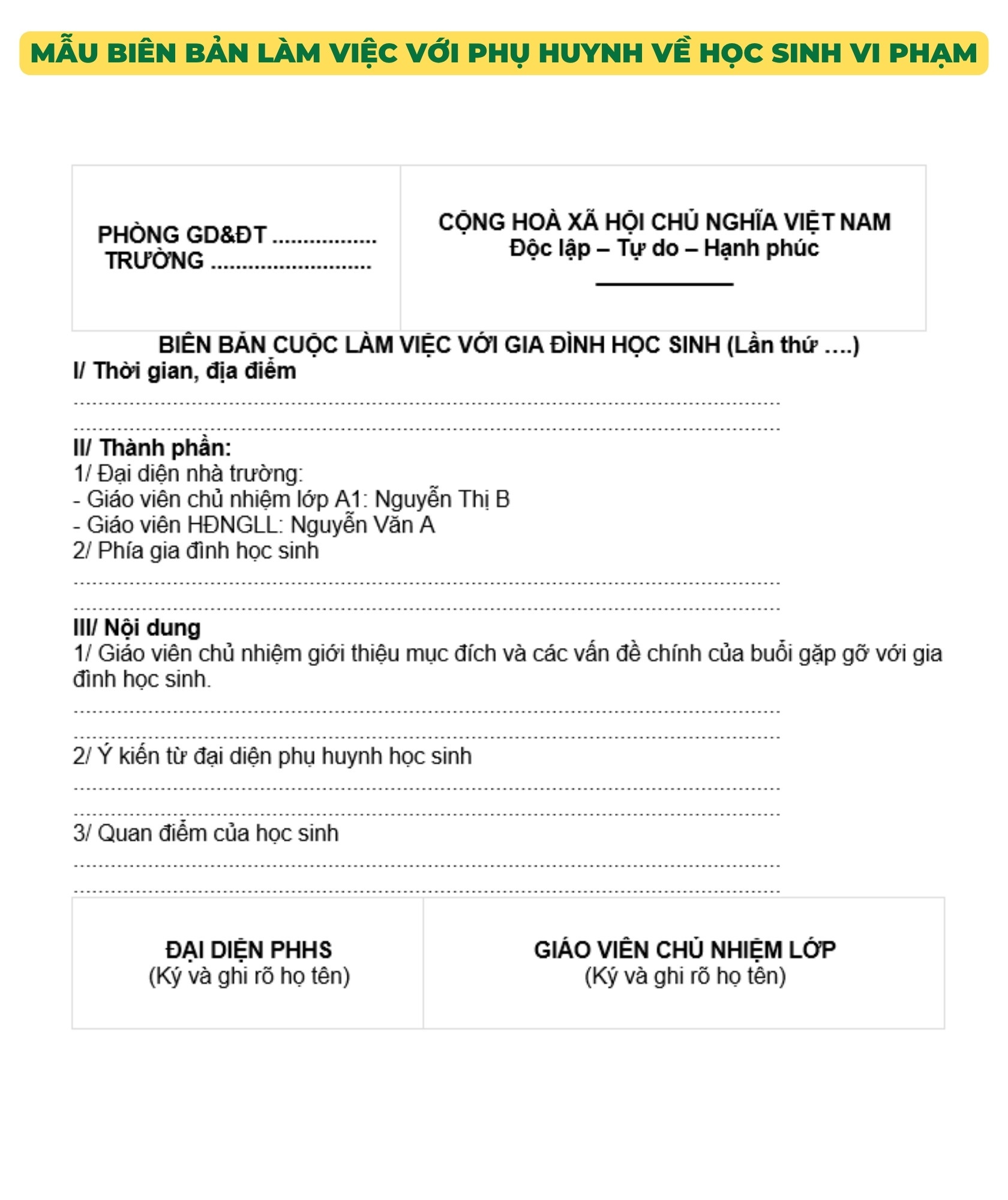 Mẫu biên bản làm việc với phụ huynh về học sinh vi phạm