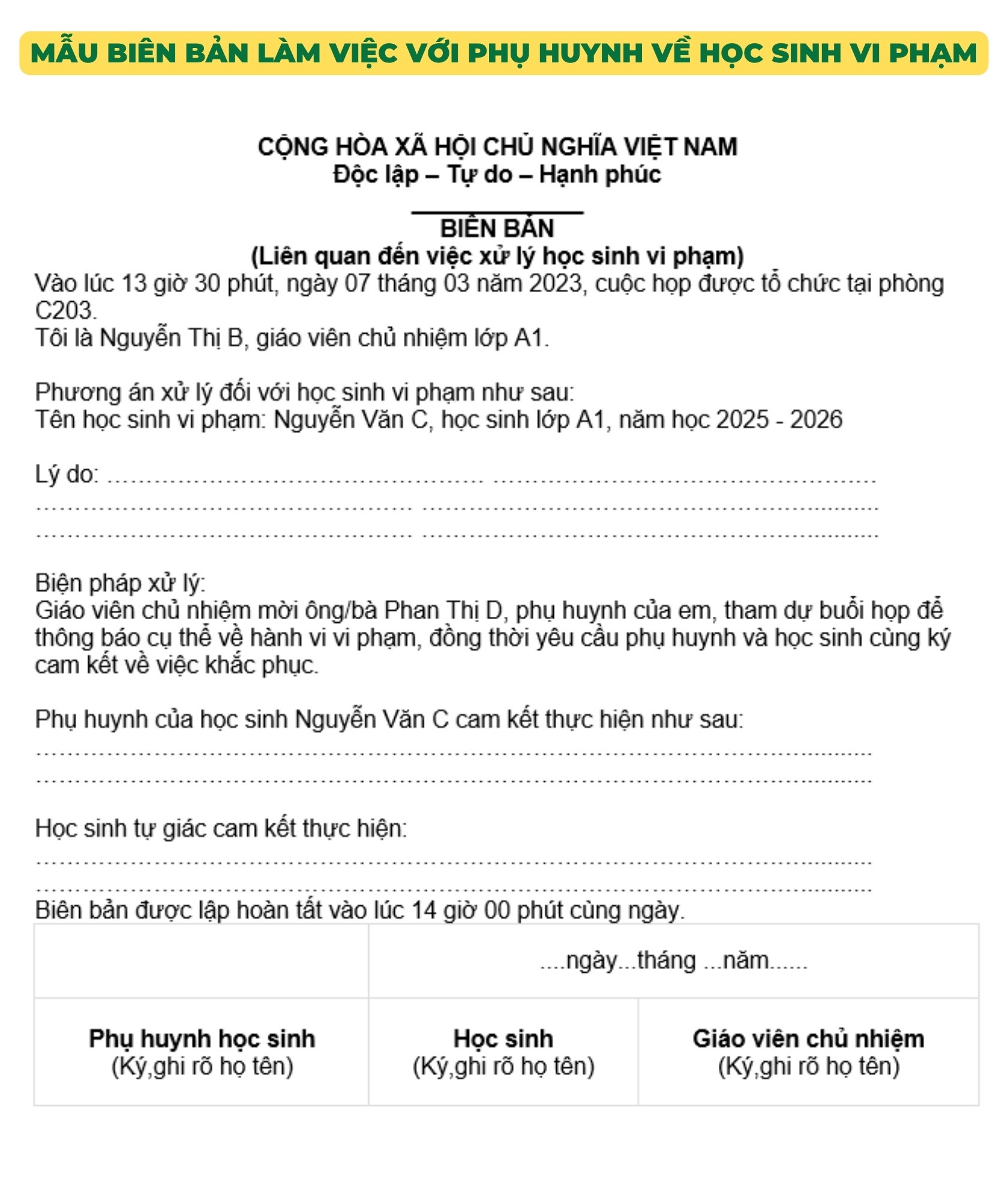 Mẫu biên bản làm việc với phụ huynh về học sinh vi phạm