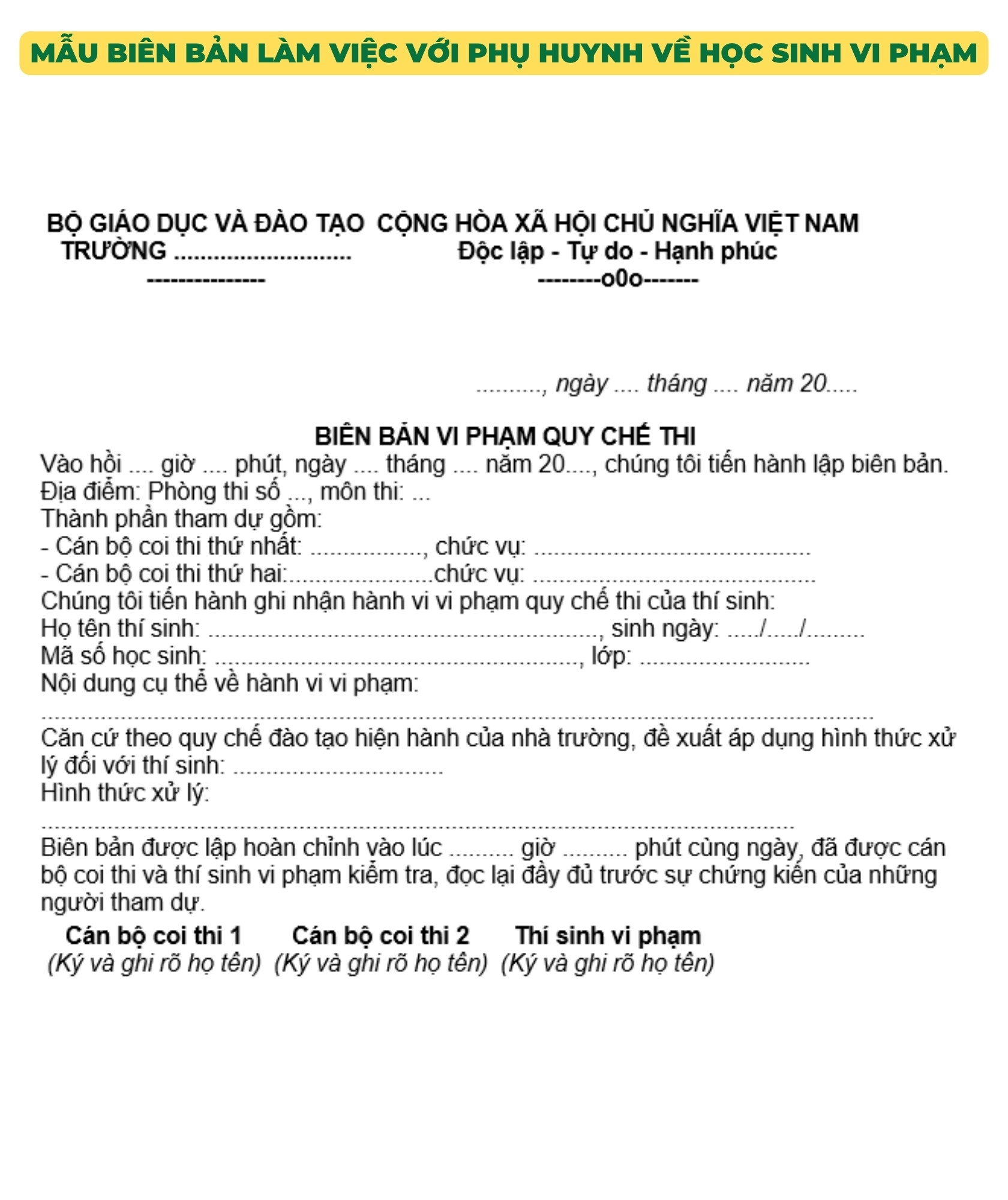 Mẫu biên bản làm việc với phụ huynh về học sinh vi phạm