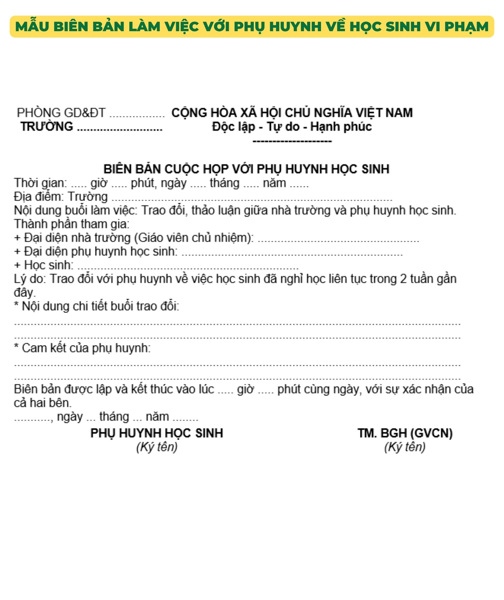 Mẫu biên bản làm việc với phụ huynh về học sinh vi phạm