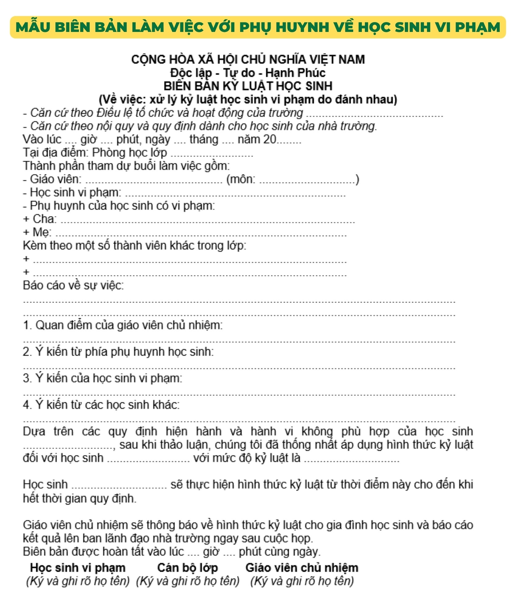 Mẫu biên bản làm việc với phụ huynh về học sinh vi phạm