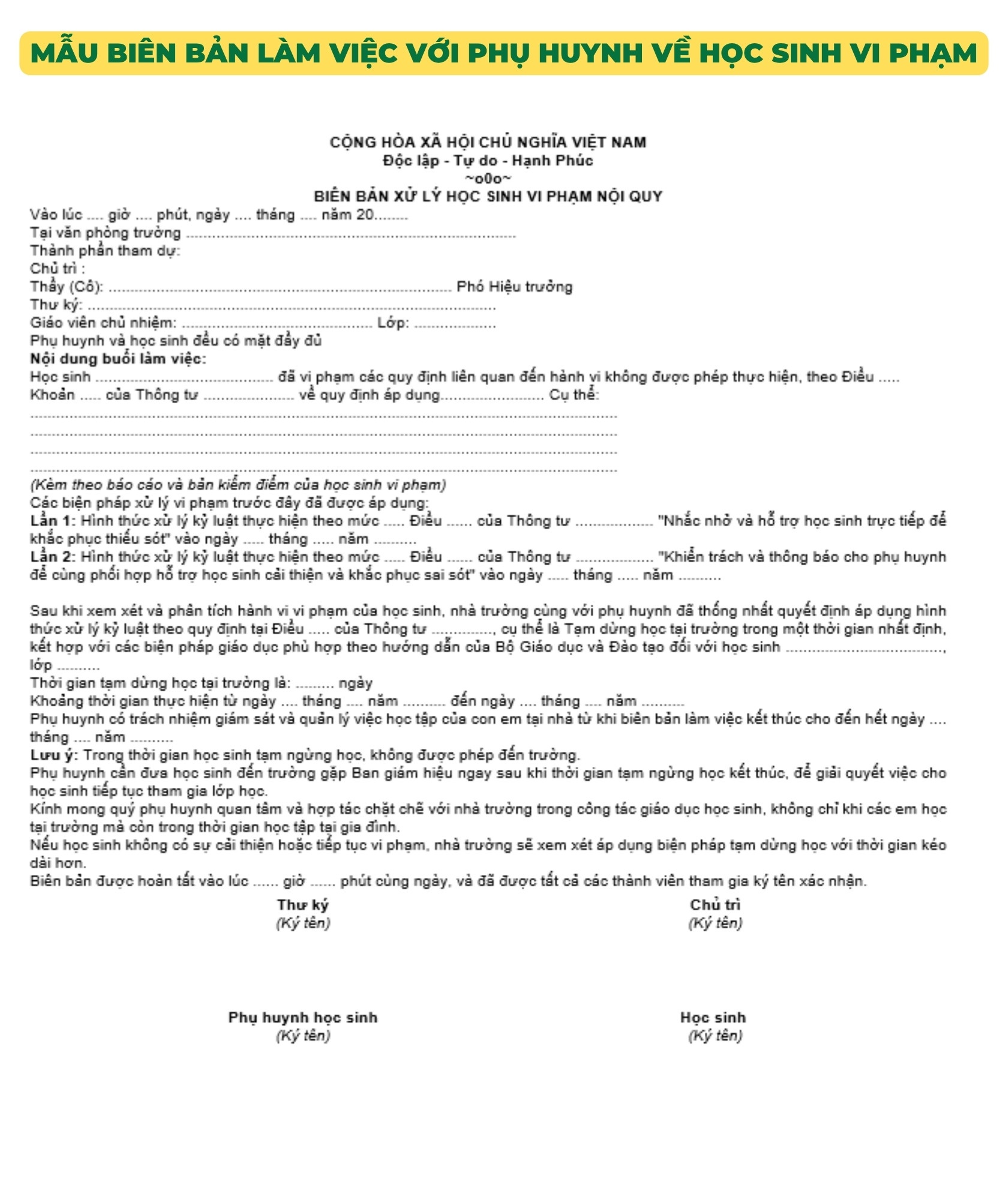 Mẫu biên bản làm việc với phụ huynh về học sinh vi phạm