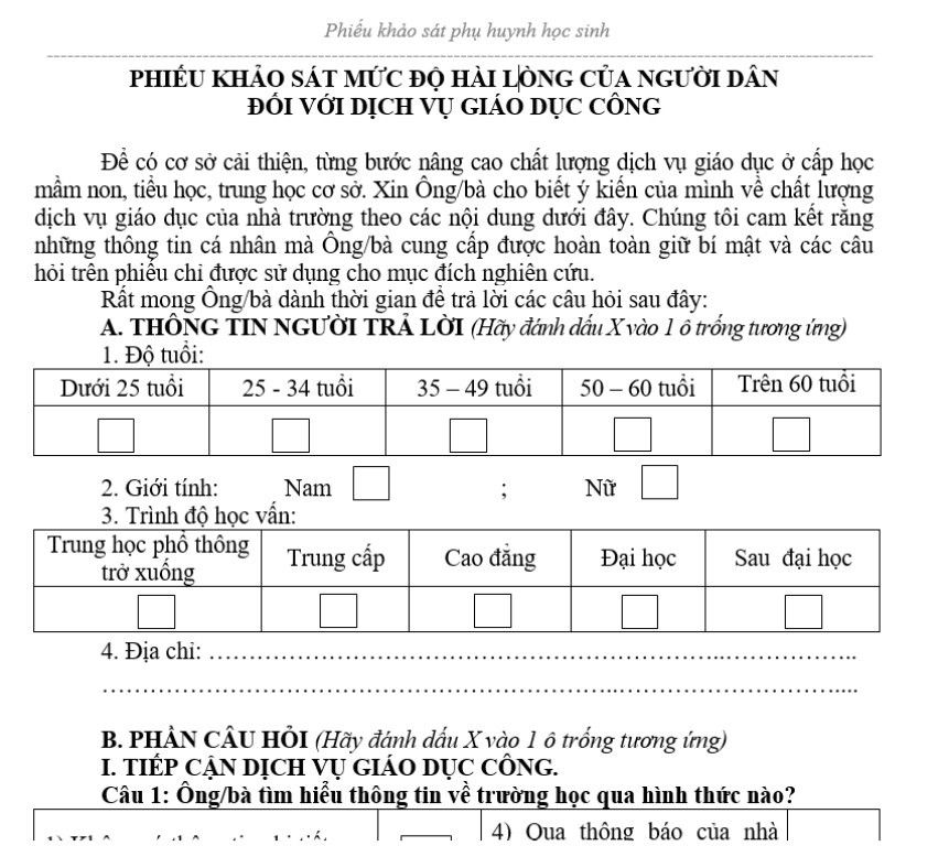 Mẫu phiếu lấy ý kiến mức độ hài lòng của phụ huynh