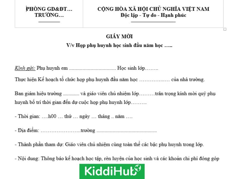 giấy mời họp phụ huynh