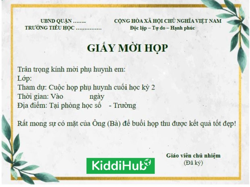 giấy mời họp phụ huynh