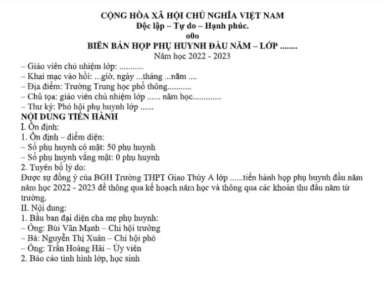 Hướng dẫn ghi biên bản hội nghị cha mẹ học sinh