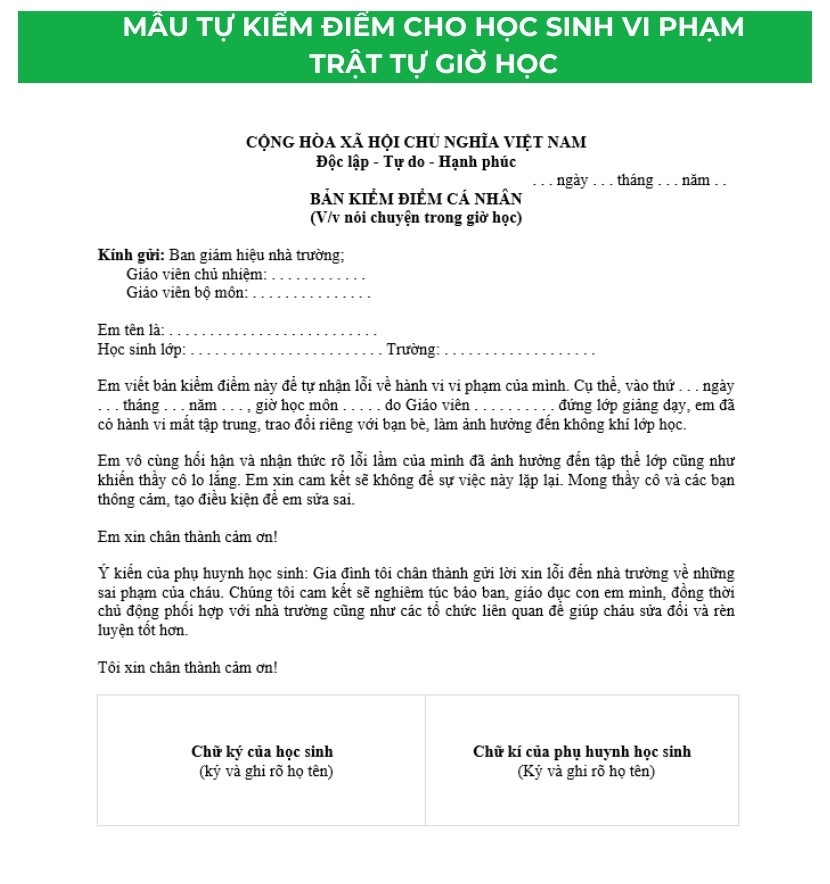 Mẫu bản tự kiểm điểm dành cho học sinh vi phạm lỗi mất trật tự trong giờ học