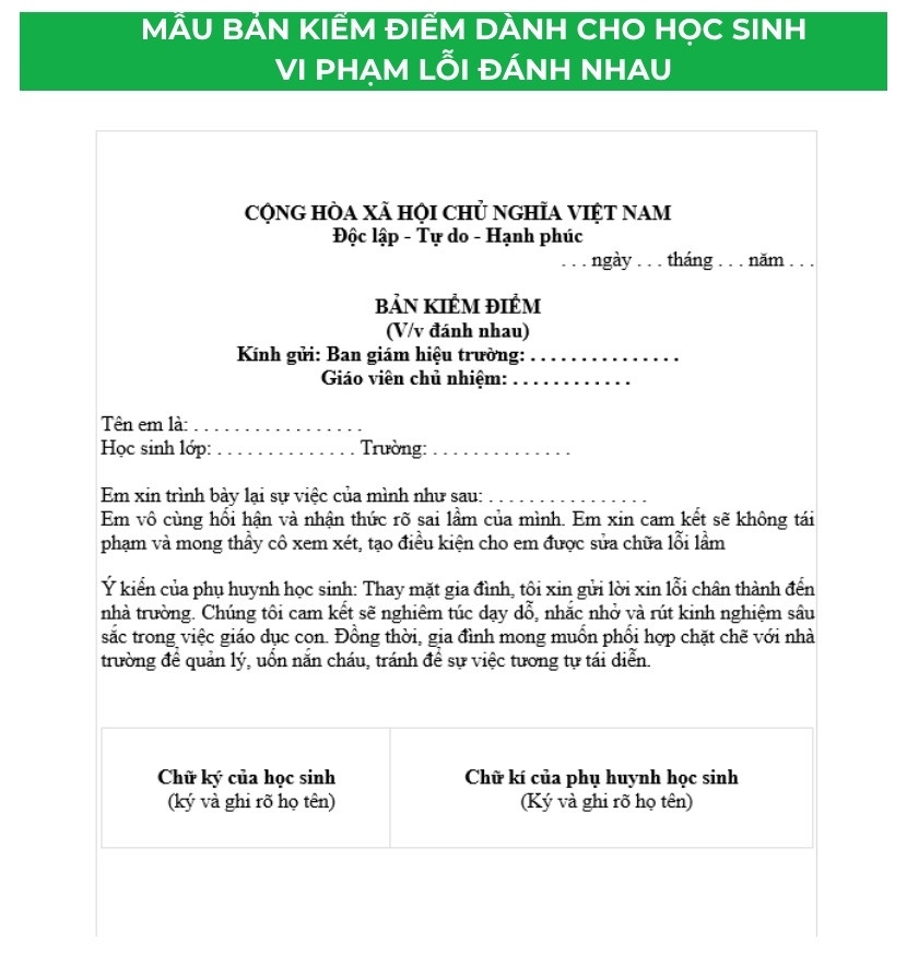 Mẫu bản kiểm điểm dành cho học sinh vi phạm lỗi đánh nhau