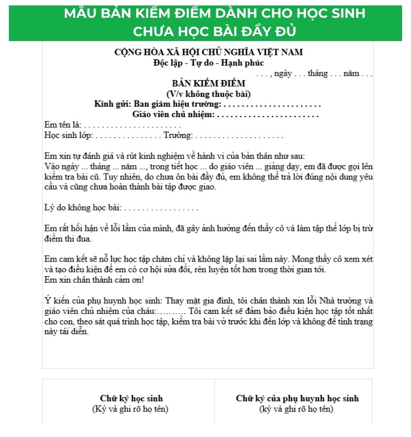 Mẫu bản kiểm điểm dành cho học sinh chưa học bài đầy đủ