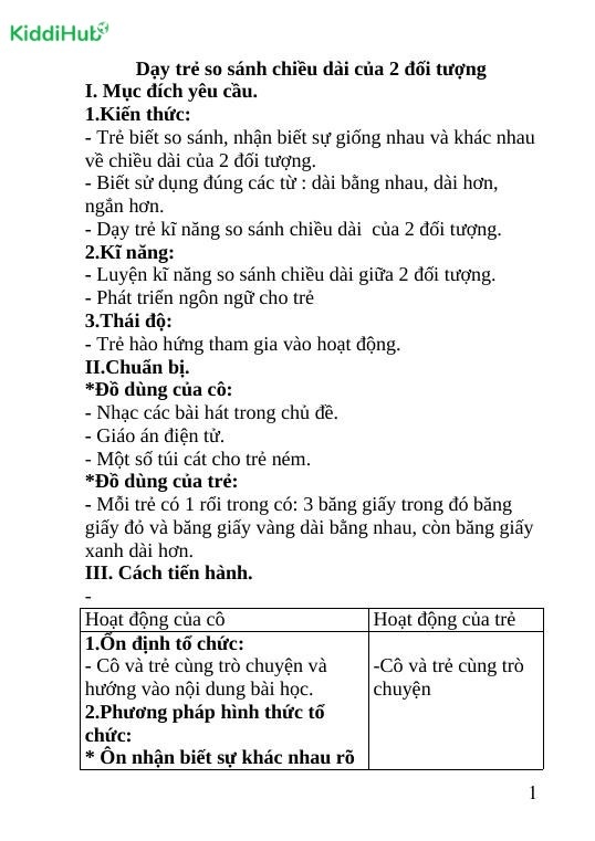 Giáo án dạy toán cho trẻ 3-4 tuổi: So sánh chiều dài 2 đối tượng