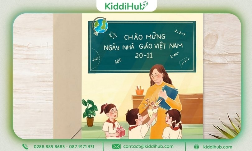 Mẫu thiệp chúc mừng 20 11 đẹp kết hợp biểu tượng giáo dục/dụng cụ học tập