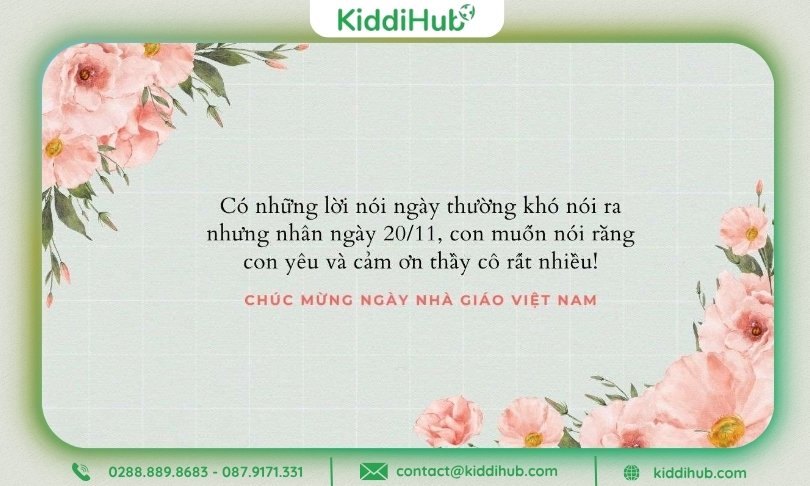 Thiệp nền xanh và hoa pastel, lời chúc nhẹ nhàng gửi đến thầy cô