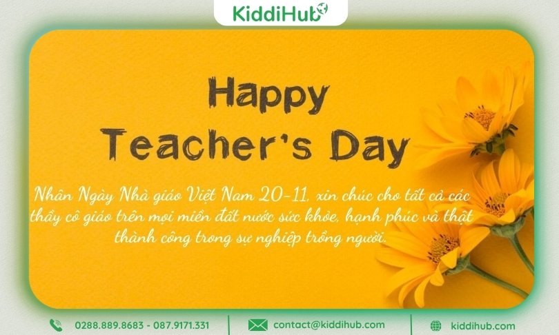 Thiệp màu vàng tươi, dòng chữ “Happy Teacher’s Day” cùng hình hoa và bút