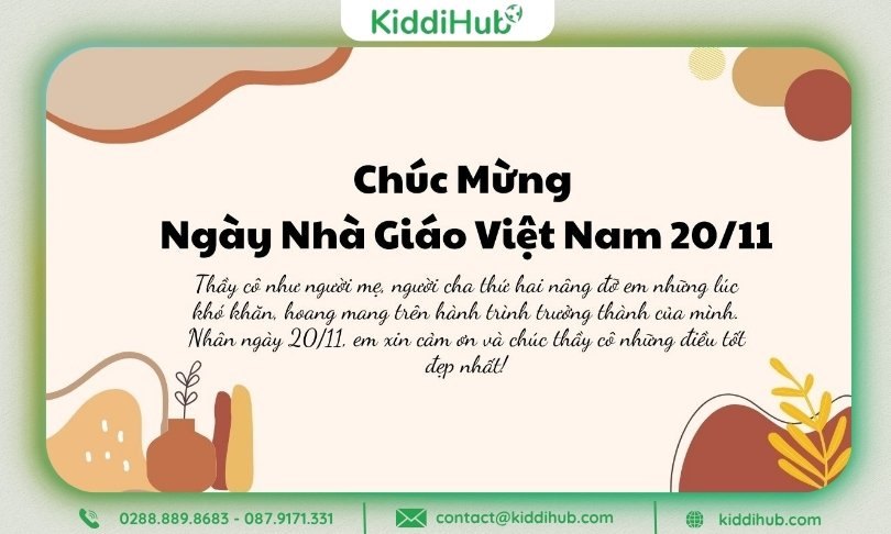Thiệp nền trắng – cam, chữ “Chúc mừng Ngày Nhà Giáo Việt Nam 20/11” kèm họa tiết lá