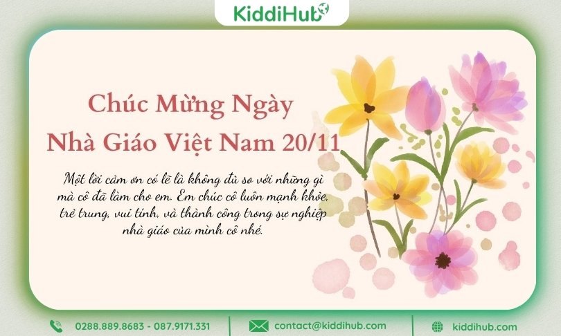 Thiệp hoa tươi sáng, phong cách trang trọng, tiêu đề “Chúc mừng Ngày Nhà Giáo Việt Nam”
