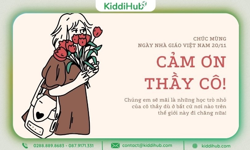 Thiệp minh họa cô giáo cầm hoa, dòng chữ “Cảm ơn thầy cô” nổi bật