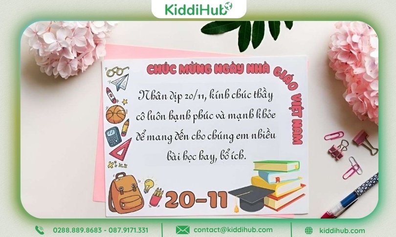 Thiệp học đường vui tươi, có sách, hoa, bảng và chữ “20-11”