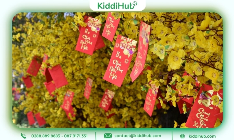 Đồ trang trí hoa mai vàng khoe sắc trước hiên nhà