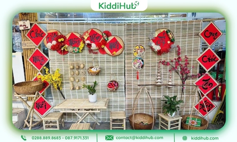 Mành tre trang trí Tết mầm non đẹp, sáng tạo