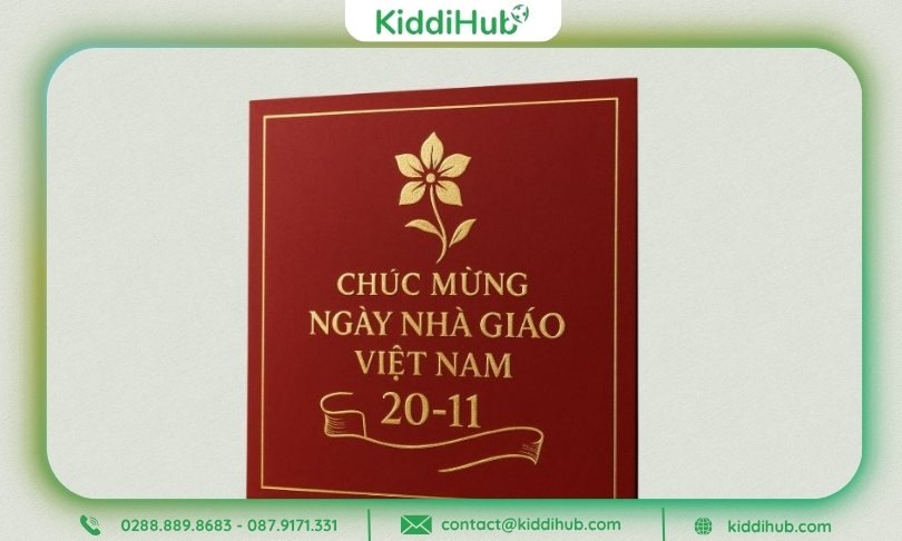 Thiệp chúc mừng 20 11 nền đỏ ép kim vàng ánh sang trọng