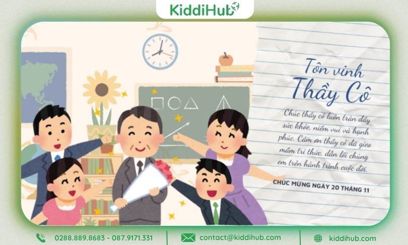 Thiệp 20/11 pastel hiện đại với hình ảnh cô trò đáng yêu