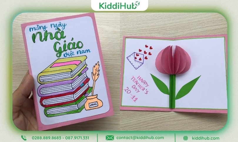 Thiệp 20/11 handmade 3D được cắt dán thủ công với hoa và lời chúc