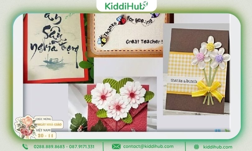 Thiệp 20/11 tự làm trang trí hoa giấy, ruy băng