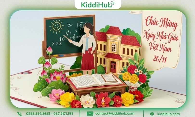 Thiệp 20/11 biểu tượng giáo dục với hình bảng đen, phấn trắng và sách vở