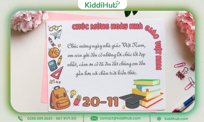 Mẫu thiệp 20/11 học tập đẹp, có bút, thước và lời chúc viết tay