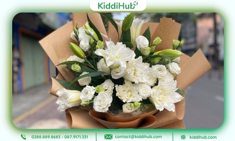 Hoa 20/10 tặng mẹ với gam màu trắng tinh khiết, dịu dàng, ý nghĩa