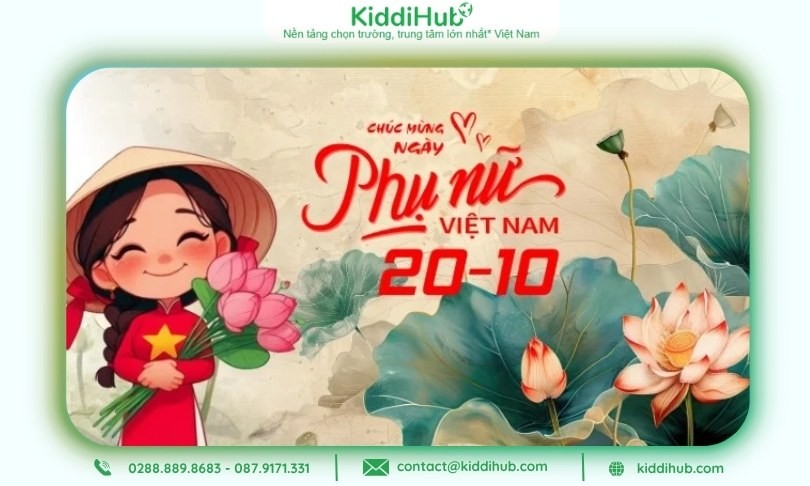 Banner chúc mừng 20/10 với hình ảnh chủ đảo hoa sen, áo dài, nón lá và ngôi sao 5 cánh
